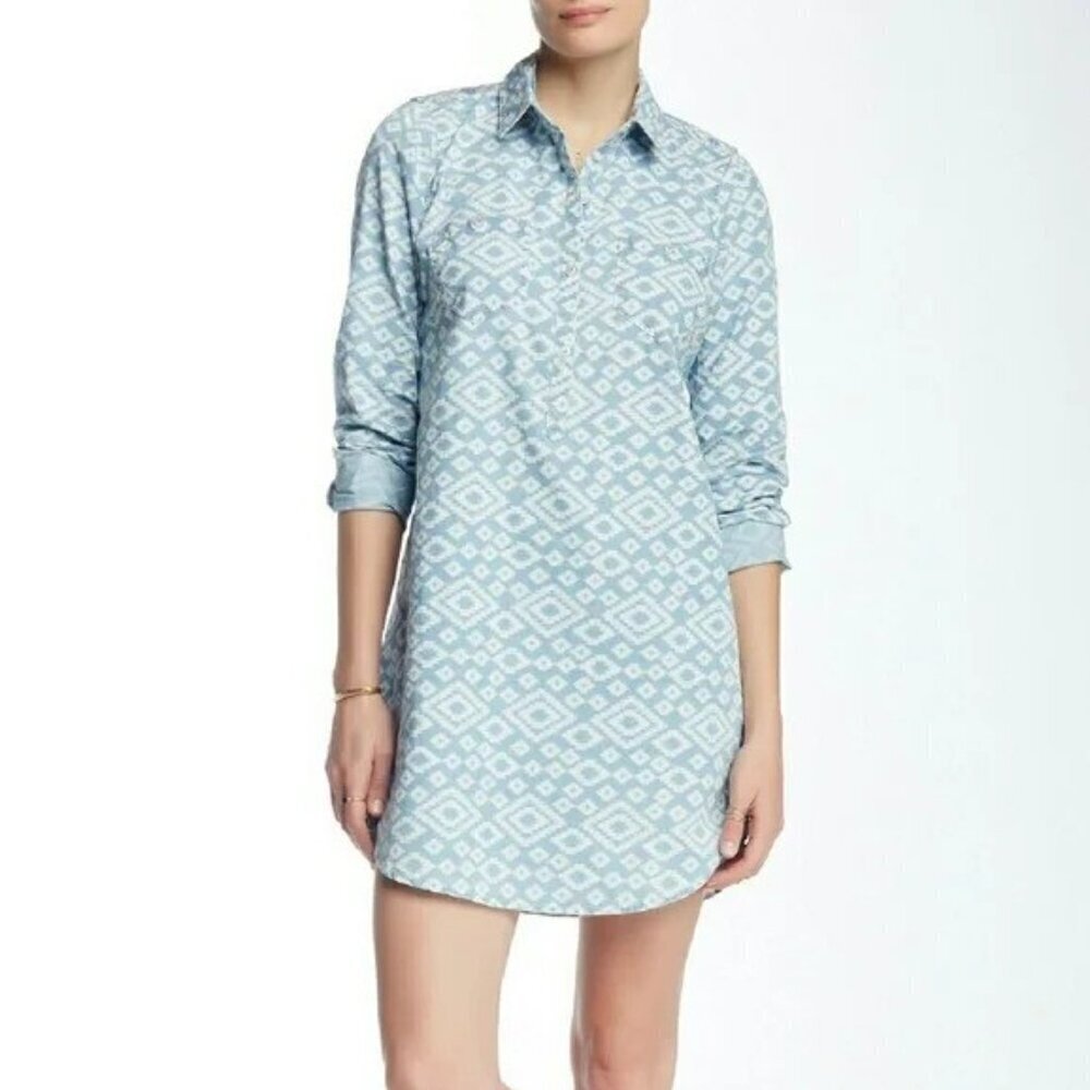 Lucky Brand Southwest Pattern Blue White Button Down LS Women's Dress, Medium - Picture 1 of 13